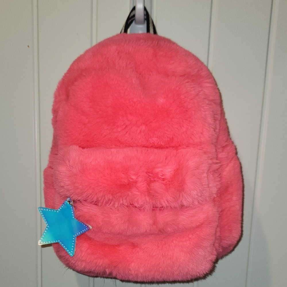 Claire's Fuzzy Hot Pink Backpack with Iridescent Star Charm